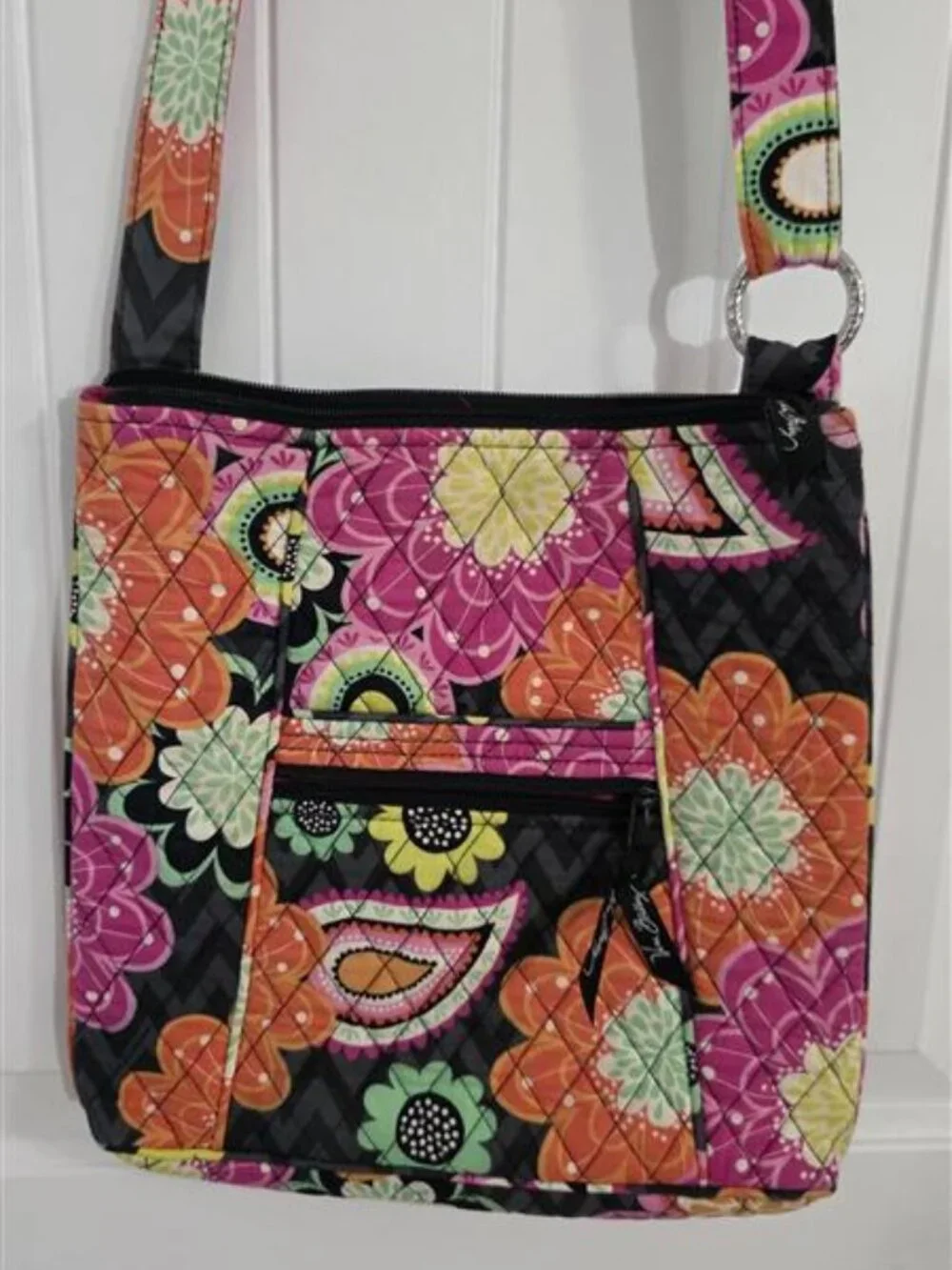 Vera Bradley Colorful Floral Quilted Crossbody Shoulder Bag Black Pink Orange